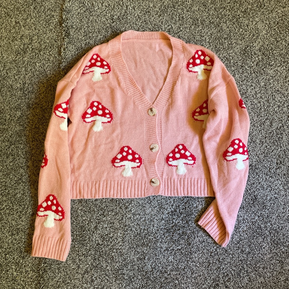 Pink Mushroom Patterned Cardigan Sweater